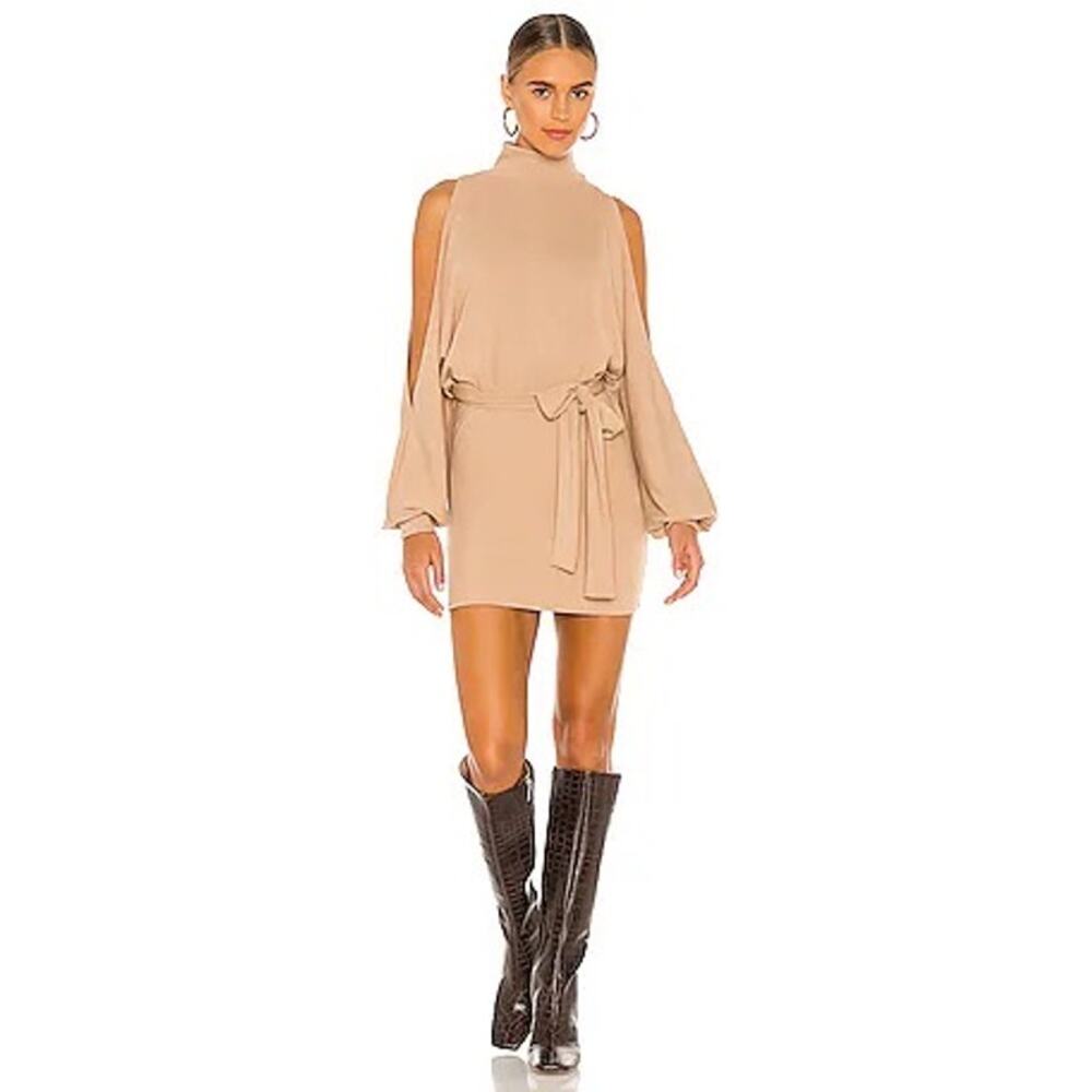 Lovers and Friends Tan Brown Gloria Open Shoulder Mock Neck Mini Dress Small - Picture 10 of 10